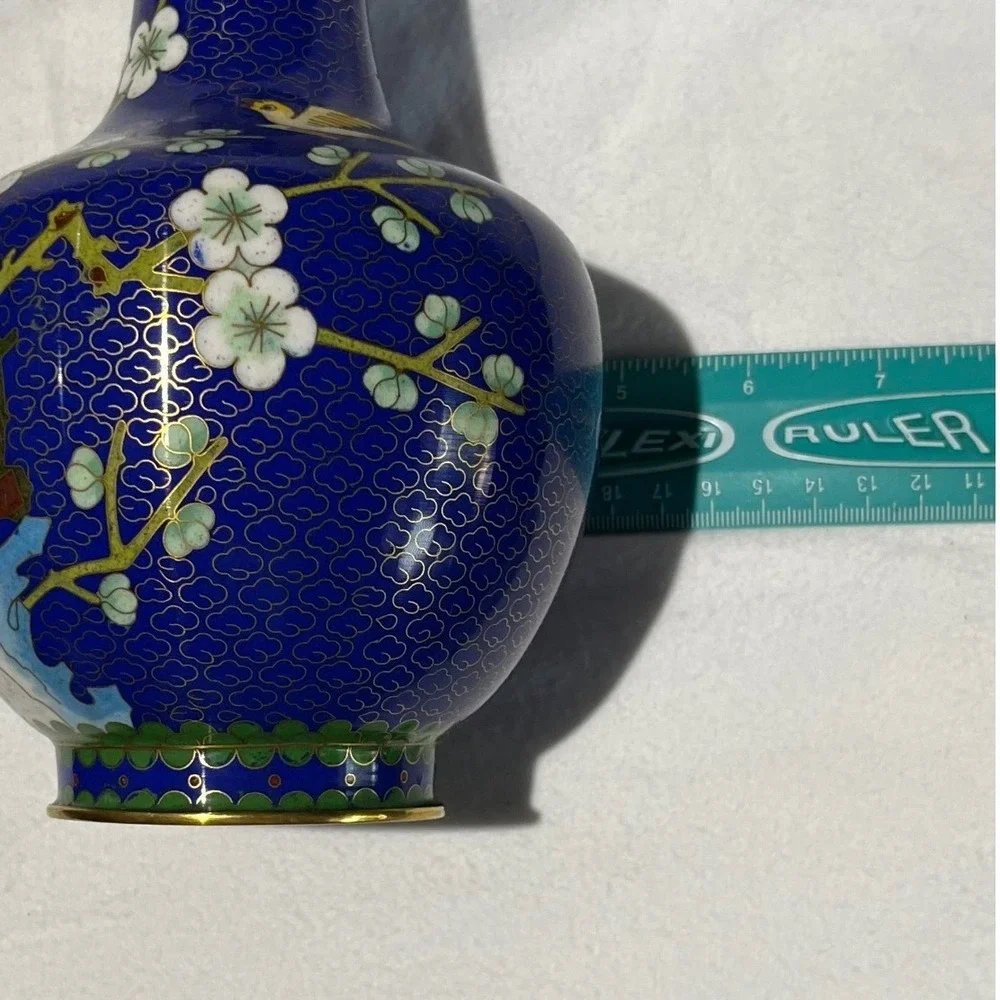 Vintage‎ Chinese Cloisonne Enamel Vase Cobalt Blue Cherry Blossom Bird 8 Inch